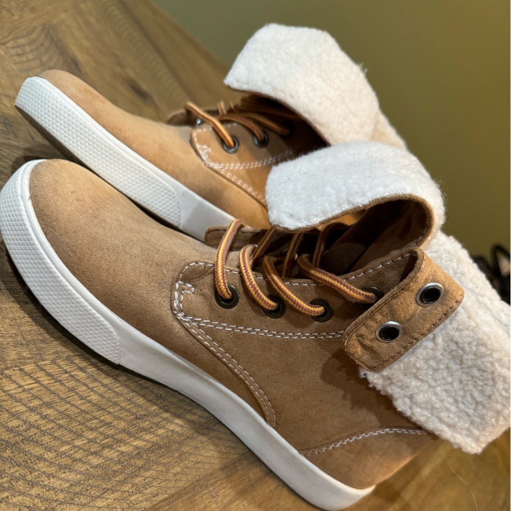 Tan Women's Sneaker Boots with White Sherpa Lining And Fold Over Ankle